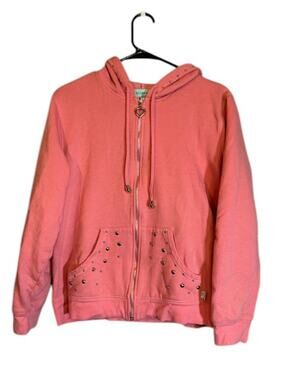 Silver Wear Pink Long Sleeve Hooded Studded Trim Sweat Jacket Women Sz L